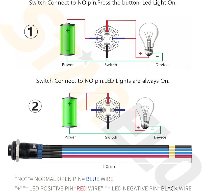 STARELO 5pcs 12mm Latching led Push Button Switch Black Shell with pre-Wiring, IP65 Waterproof Push Button Switch,1NO 1 Normally,Self-Locking with LED(Blue). - Image 3